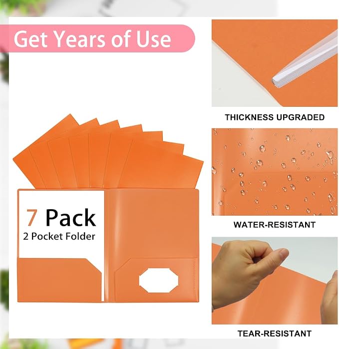 Orange Folders with Pocket 7 Pack, 2 Pocket File Folders Bulk, Plastic Paper - Image 4