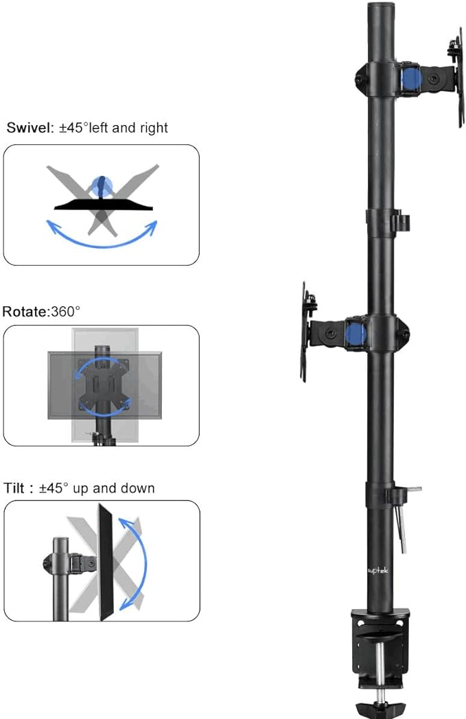Suptek Dual LED LCD Monitor Stand up Desk Mount for 2 / Two Screens up to 32 inch Extra Tall 31.5" Pole Heavy Duty Fully Adjustable Stand Vertical Array (MD6802)-DeskLoop Office
