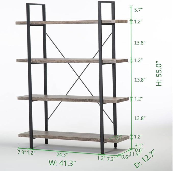 HSH 4-Shelf Vintage Industrial Bookshelf, Rustic Gray Wood and Metal 4 Tier Bookcase, Open Wide Etagere Book Shelf for Home Office Livingroom Bedroom Dispaly, Light Grey Oak-DeskLoop Office