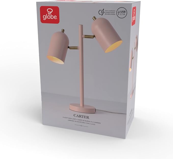 Globe Electric 30290 19" 2-Light Desk Lamp, Matte Pink, Brass Accents, 2.1A USB - Image 11
