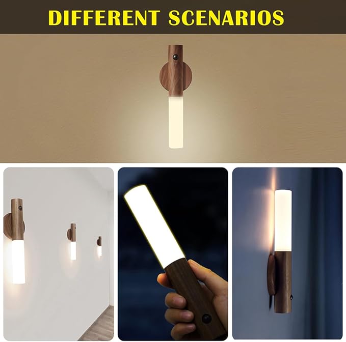 LANDGOO Wooden Motion Sensor Night Lights Magnet Body Sensor Hallway Night Lights Rechargeable Led Light Portable Stairway Wall Sconce Battery Powered Cabinet Lights (Walnut Wood 1PC)-DeskLoop Office