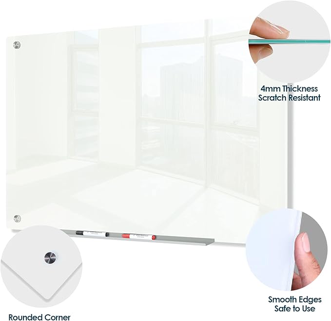 J&J worldwide Glass Whiteboard 47"x35", Magnetic White Board Glass Dry Erase Board Large Frameless Glass White Board for Office, Home & School with Marker Tray & Markers-DeskLoop Office