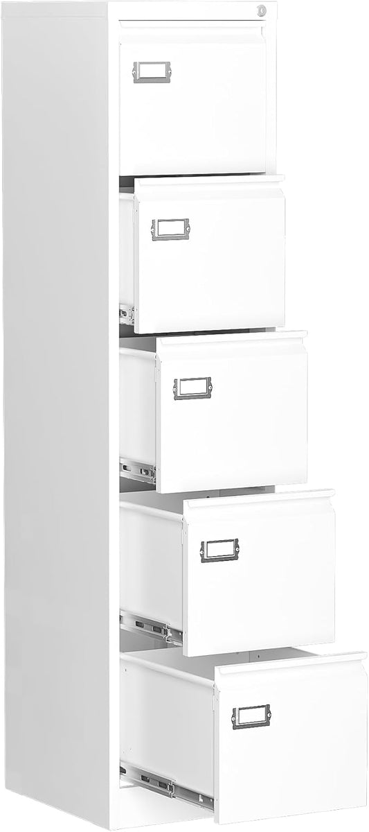 5 Drawer File Cabinet, Filing Cabinets for Home Office, Vertical File Cabinet with Lock, 61.6" H Locking File Cabinet for A4 Legal/Letter, Assembly Required (White)-DeskLoop Office