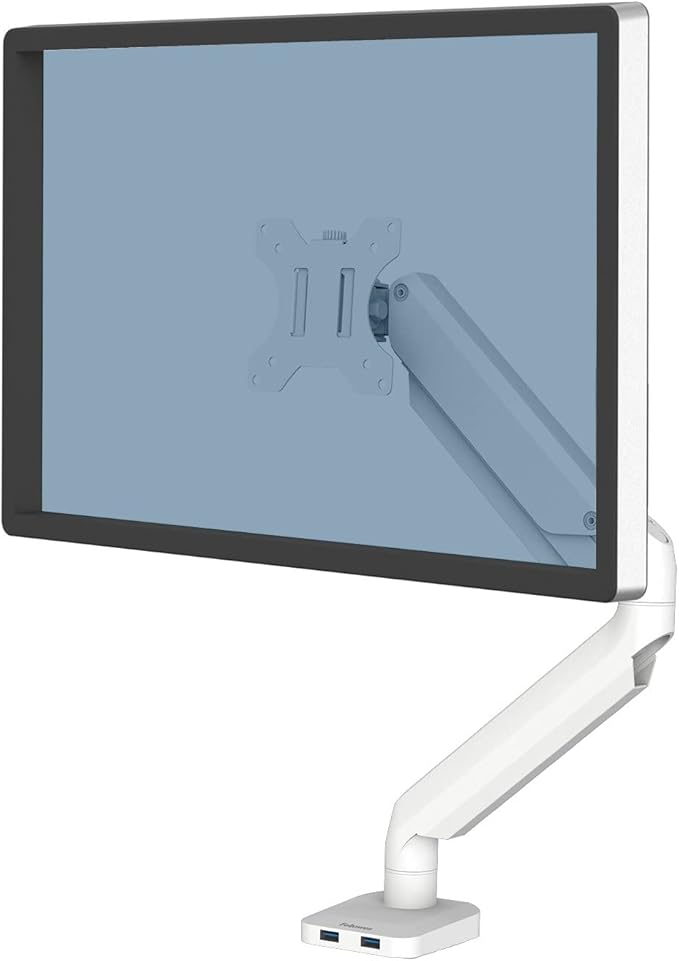 Fellowes Platinum Series Single Monitor Arm for 40-Inch Monitors, Full Motion, 360° Rotation, VESA Mount with Grommet or Clamp, USB Ports, Ergonomic, White, 8056201-DeskLoop Office