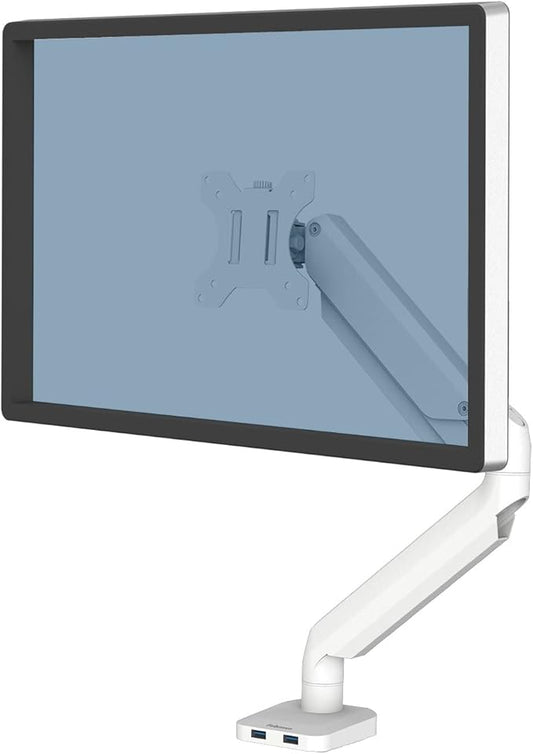 Fellowes Platinum Series Single Monitor Arm for 40-Inch Monitors, Full Motion, 360° Rotation, VESA Mount with Grommet or Clamp, USB Ports, Ergonomic, White, 8056201-DeskLoop Office