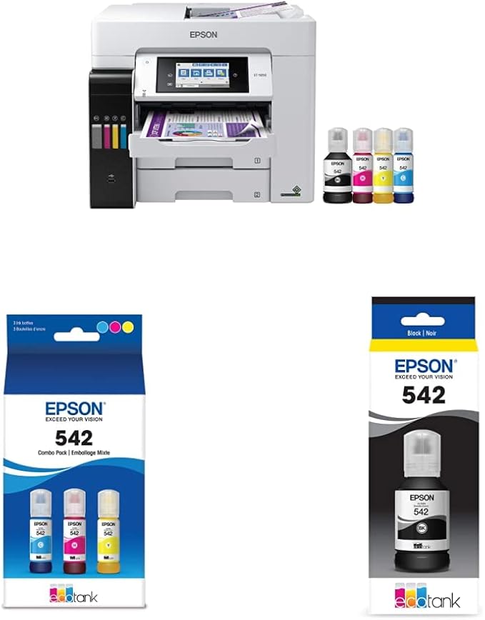 Epson EcoTank Pro ET-5850 Wireless Color All-in-One Supertank Printer with Scanner, Copier, Fax and Ethernet, White & EPSON T542 EcoTank Ink & EPSON T542 EcoTank Ink Ultra-high Capacity Bottle Black-DeskLoop Office
