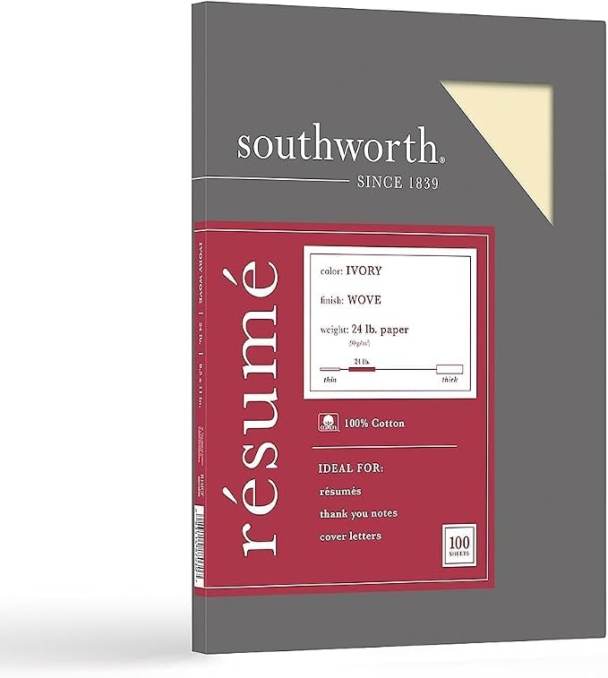 Southworth® 100% Cotton Résumé Paper, 8 1/2" x 11", 24 Lb, 100% Recycled by Southworth