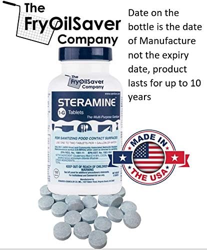 4x Steramine Sanitizer Tablet Bottle by FryOilSaver Co., 4-Pack(600 Tablets) Multi Purpose Sanitizing Tablets for Food Contact Surface, Kitchen, Restaurant Cleaning w/ 15x Test Kit of QT-10 Test Strip-DeskLoop Office