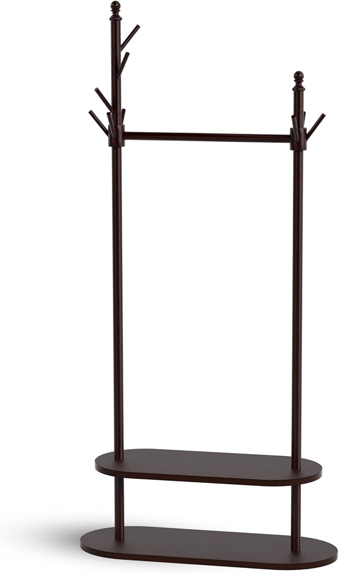 2-Tier Coat Rack Freestanding, Easy Assemble 8 Hooks Wooden Coat Rack with Shoe Storage Sturdy Coat Tree Save Space, Rustic Coat Stand for Entryway, Bedroom, Office (Dark Brown)-DeskLoop Office