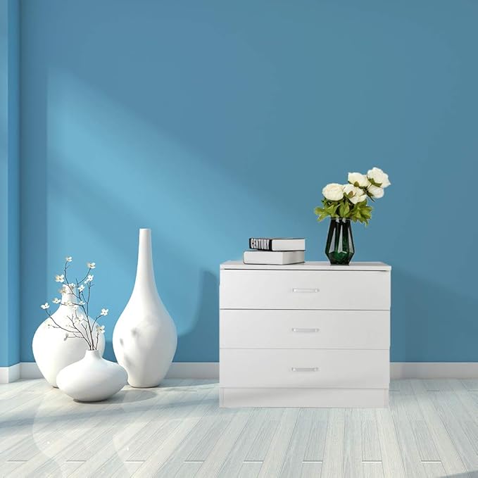 Karl home White 3 Drawer Dresser for Bedroom, Small Nightstand Modern Storage Chest of Drawer Wooden Side Table End Table for Bedroom, Living Room, Reception Room-DeskLoop Office