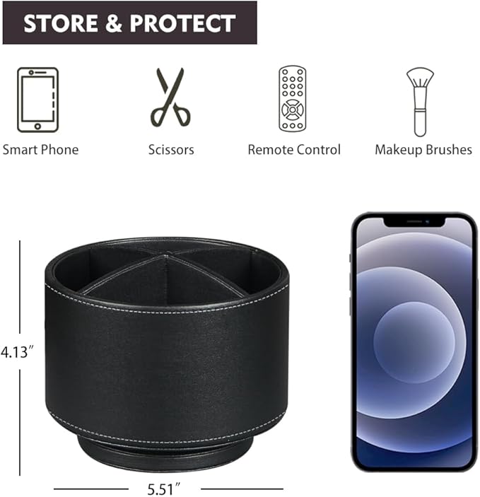 Fanousy 360° Rotating Pen Holder for Desk, Leather Pencil Pen Organizer Remote Control Holder Table Desktop Nightstand Organizer Caddy Storage, Office Desk Organizers And Accessories 5.5x5.5x4.0 Inch-DeskLoop Office