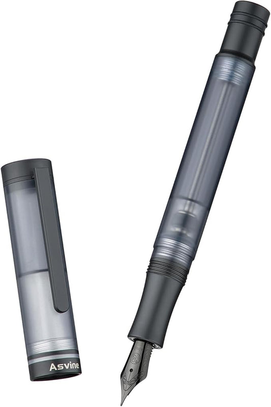 Asvine V200 Titanium Fountain Pen Vacuum Filling, Matte Black Medium Nib Clear Demonstrator Acrylic with Pen Case and Wrench