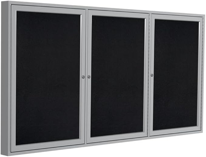 Ghent 48" x 96" 3-Door indoor Enclosed Recycled Rubber Bulletin Board, Shatter Resistant, with Lock, Satin Aluminum Frame,Black (PA34896TR-BK)-Made in USA-DeskLoop Office