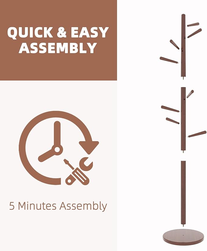 Uniclinens Coat Rack Freestanding Solid Wood Coat Tree Standing with 8 Hooks, Coat Rack Stand Creative Tree Branch-Look (Walnut)-DeskLoop Office