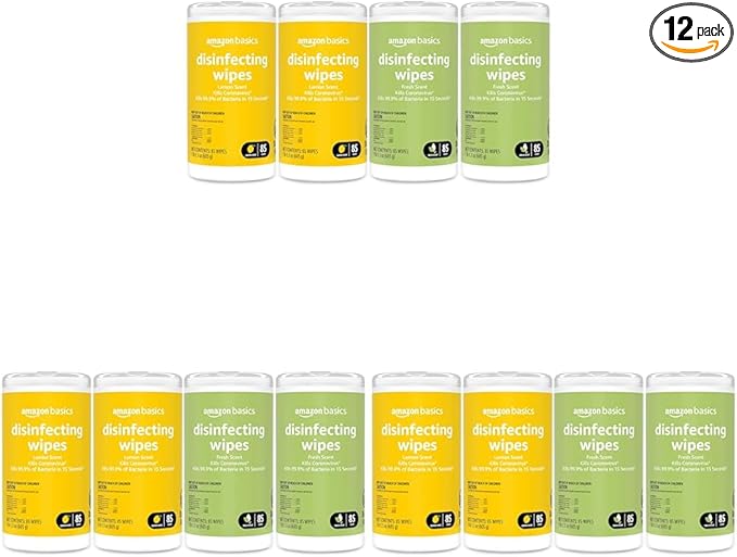 Amazon Basics Disinfecting Wipes, Lemon & Fresh Scent, Sanitizes/Cleans/Disinfects/Deodorizes, 340 Count (12 Packs of 85)