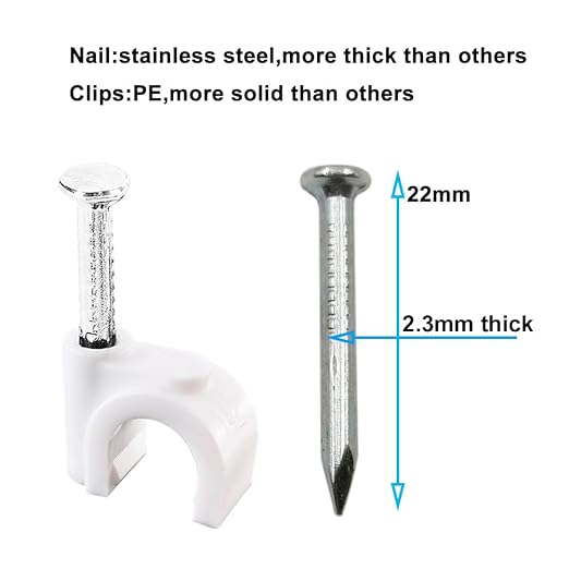 HS Cable Clips 8mm with Steel Nail 200 Pieces White, Ethernet Management U - Image 2