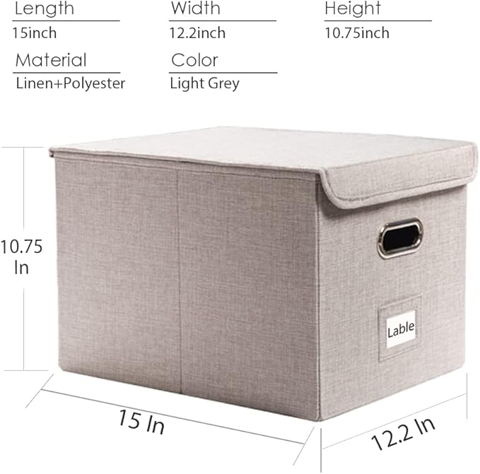 PRANDOM File Organizer Box - Set of 4 Collapsible Decorative Linen Filing Storage Hanging File Folders with Lids Office Cabinet Letter Size Light Grey (15x12.2x10.75 inch)-DeskLoop Office