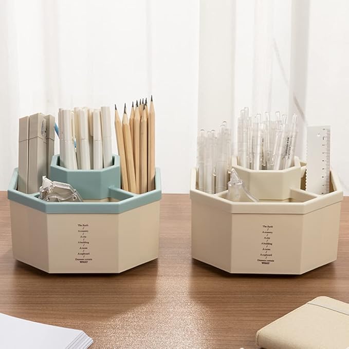 Desk Organizer, 360-Degree Rotating Multi-Functional Pen Holder, 5 Compartments Desktop Stationary Organizer, Home Office Art Supply Storage Box Caddy (White+Blue)-DeskLoop Office