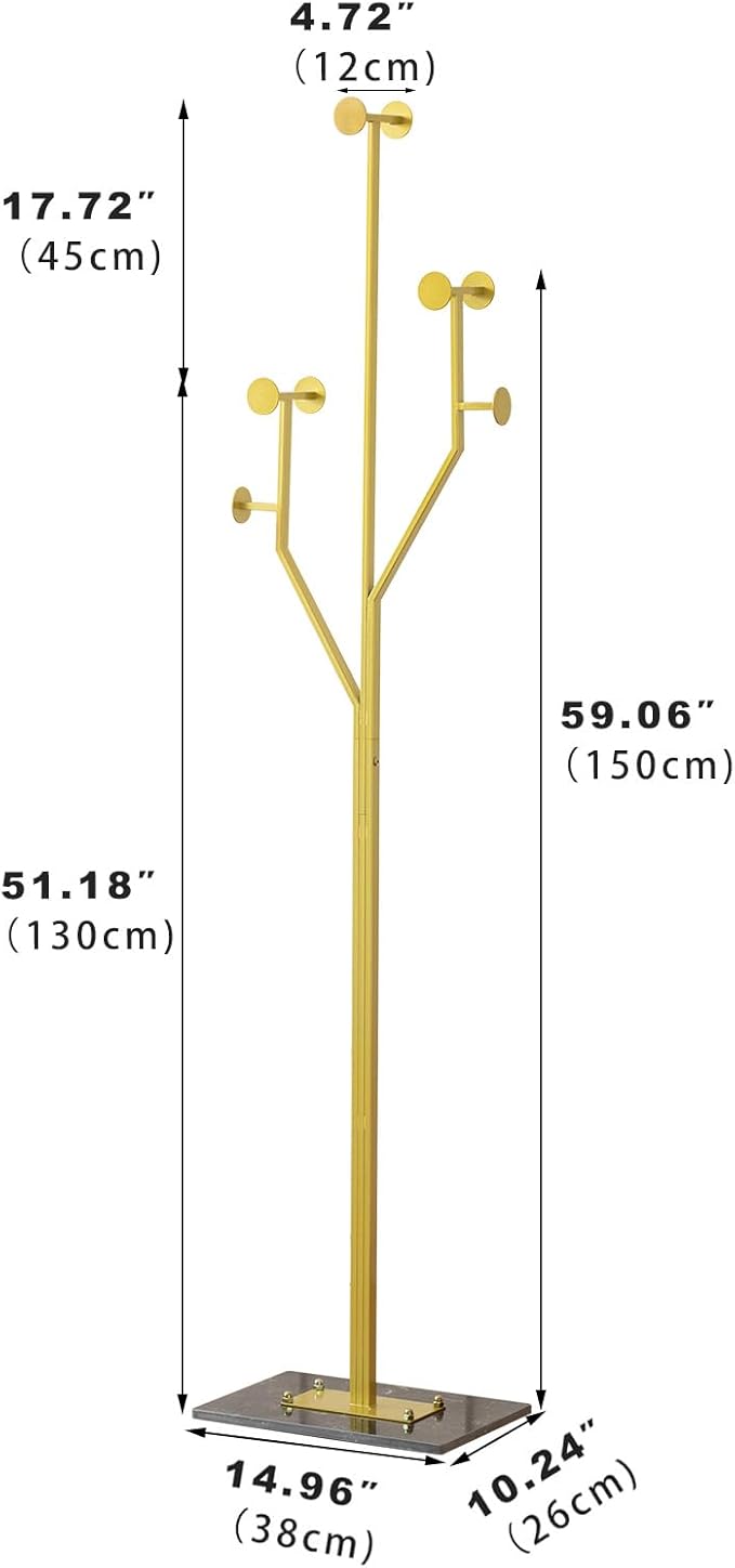 Heavy Duty Coat Rack Tree-shaped Metal Freestanding Coat Tree with Sturdy Marble Base Corner Coat Rack for Bedroom Entryway Hallway 14.96 x 10.24 x 68.9 Inches (Gold)-DeskLoop Office