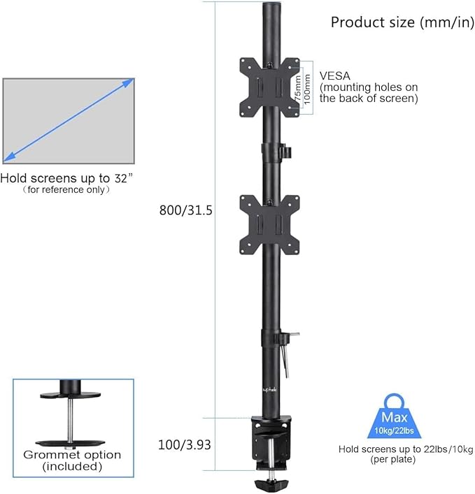 Suptek Dual LED LCD Monitor Stand up Desk Mount for 2 / Two Screens up to 32 inch Extra Tall 31.5" Pole Heavy Duty Fully Adjustable Stand Vertical Array (MD6802)-DeskLoop Office