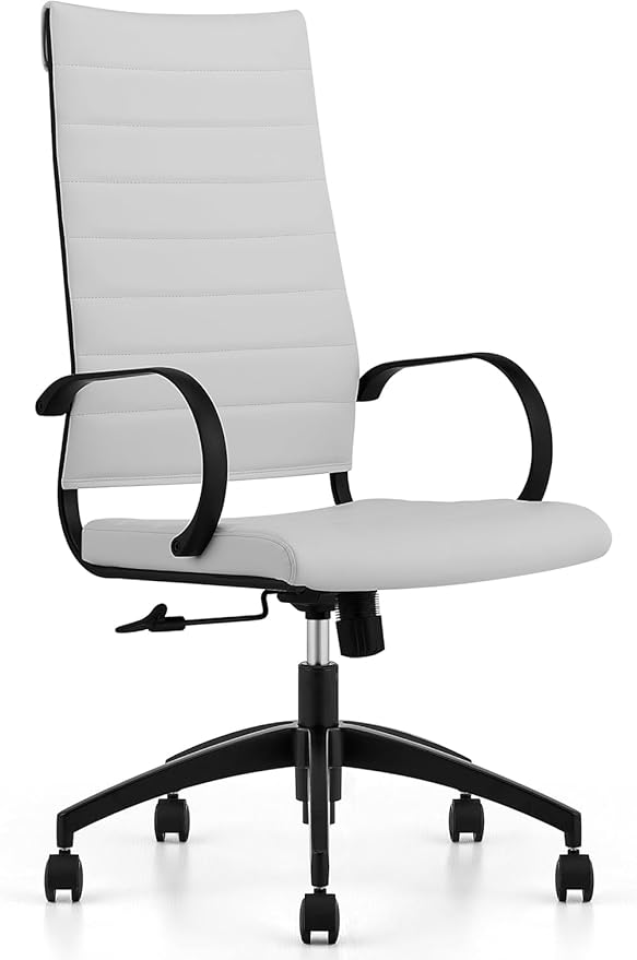 Ribbed High Back Conference Room Chairs - Lumbar Support, Modern Executive Home Office Chair - White Leather Seat & Black Aluminum Frame-DeskLoop Office