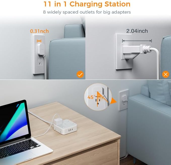 Flat Plug Long Extension Cord 25 Ft, TESSAN Power Strip Surge Protector with 8 Outlets 3 USB Ports (1 USB C), 900J Protection Desktop Charging Station for Home, Office, Dorm Room Essentials-DeskLoop Office
