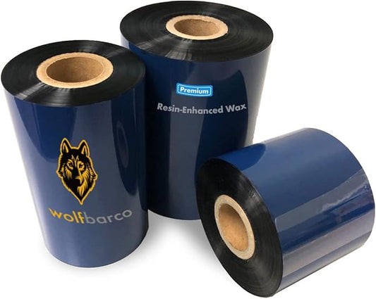 12 Rolls Wolfbarco 4.33" x 984' (110mm x 300m) Black Premium Resin-Enhanced Wax Thermal Transfer Ribbon Compatible with Zebra,TEC, INTERMEC,Citizen,TSC,GODEX,ARGOX Printers