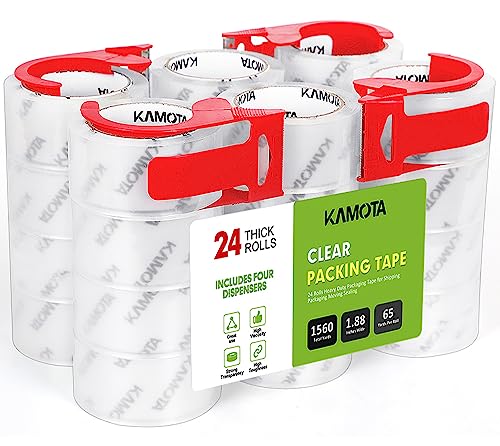 KAMOTA Packing Tape, 24 Rolls Heavy Duty Clear Packaging Tape for Shipping Packaging Moving Sealing, 1.88 inches Wide, 65 Yards Per Roll, Total 1560 Yards with 4 Dispensers-DeskLoop Office