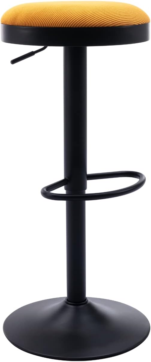 Round Swivel Counter Height Bar Stools Set of 1 Modern Adjustable Barstools Backless Corduroy Bar Chairs Industrial Island Chairs with Metal Base/Footrest for Kitchen Island/Pub, Yellow-DeskLoop Office