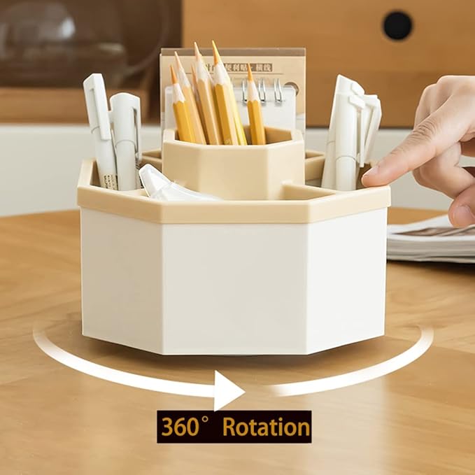 Desk Organizer, 360-Degree Rotating Multi-Functional Pen Holder, 5 Compartments Desktop Stationary Organizer, Home Office Art Supply Storage Box Caddy (White+Yellow)-DeskLoop Office