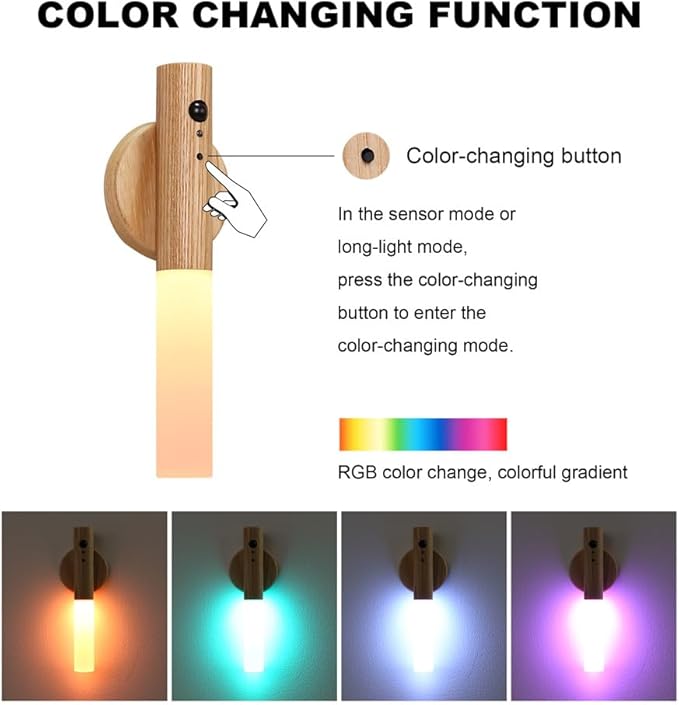 LANDGOO RGB Motion Sensor Night Light, Color Changing Atmosphere Lamp, Battery Powered Rechargeable LED Wood Wall Sconce for Home Party Lighting (RGB Ash Wood 2PCS)-DeskLoop Office