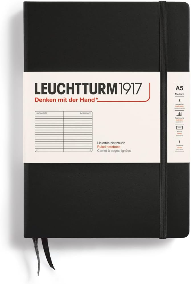 LEUCHTTURM1917 - Notebook Hardcover Medium A5-251 Numbered Pages for Writing and Journaling (Black, Ruled)-DeskLoop Office