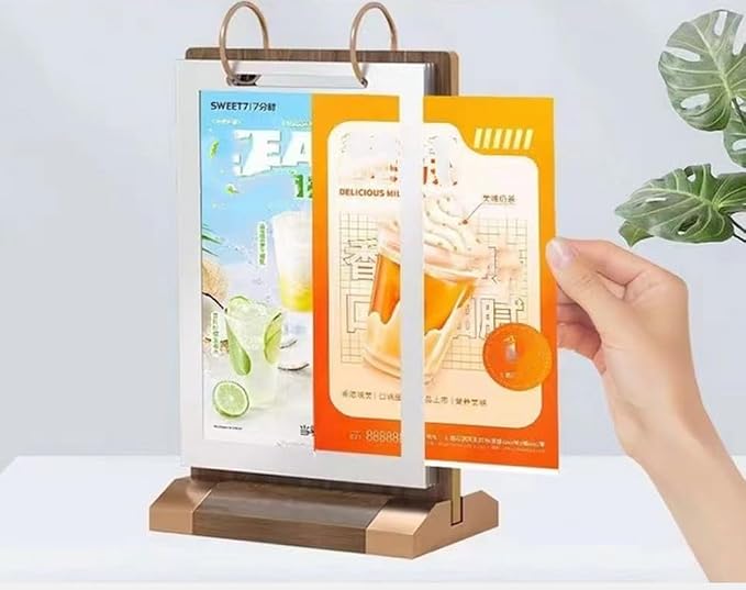 A4 Walnut Wood Sign Holder Vertical Table Card Flip Display 6 Pages, Double - Image 9
