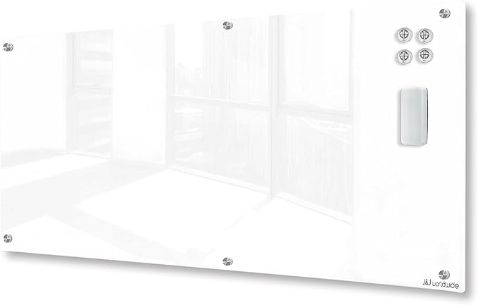 J&J worldwide Magnetic Glass Whiteboard Brilliance White Dry Erase Board 6' x 3', Large Frameless Glass White Boards for Walls, Includes Magnets, Marker Tray, Eraser for Office, Home, School-DeskLoop Office