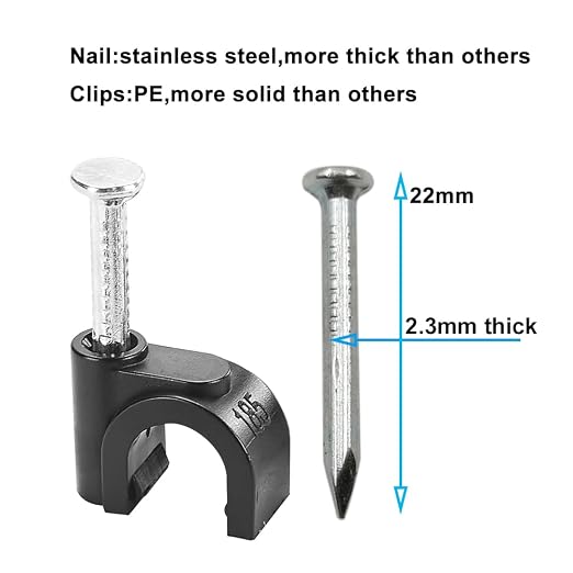 HS Cable Clips 8mm with Steel Nail 200 Pieces Black，Ethernet Management U - Image 2
