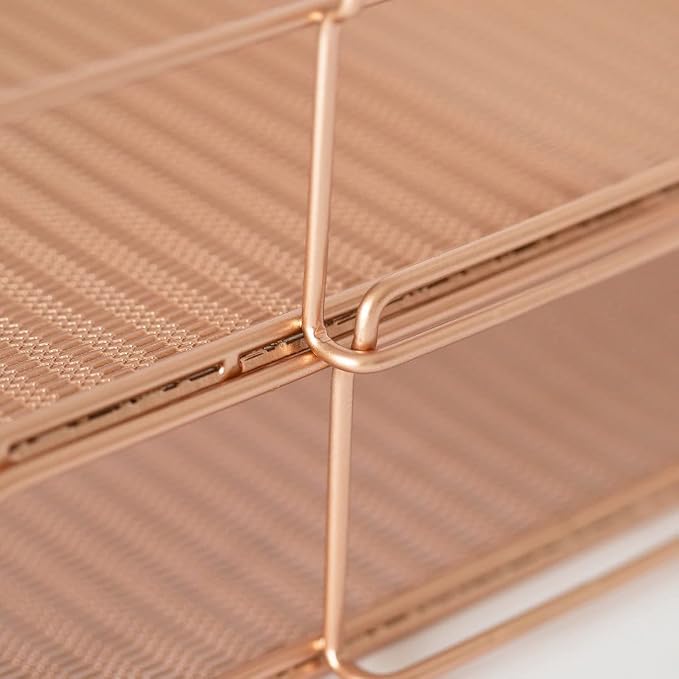 BLU MONACO | Rose Gold Mesh Paper Tray Set of 2 | Stackable Letter Trays - Image 5
