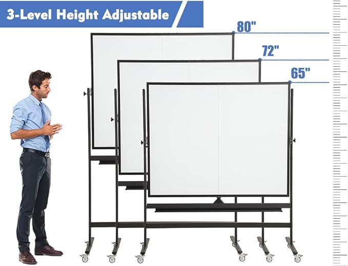 Large Magnetic Mobile Whiteboard 72"x48", Rolling Double Sided Stand Whiteboard on Wheels, Reversible Adjustable Height/Angle Dry Erase Board 6' x 4' Easel White Board for Office Classroom, Black-DeskLoop Office