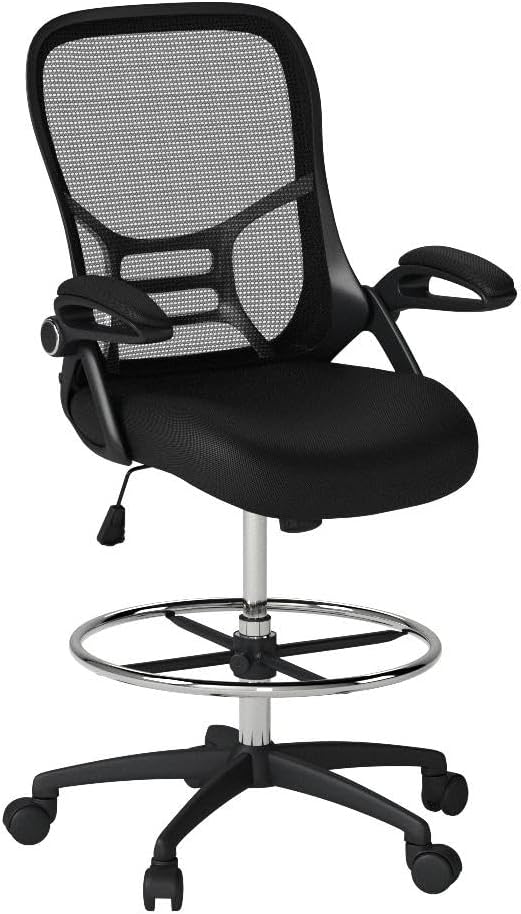 HYLONE Drafting Chair Tall Office Chair High-Back Mesh Standing Desk Stool with Adjustable Footrest Ring and Flip-Up Arms (Black)-DeskLoop Office
