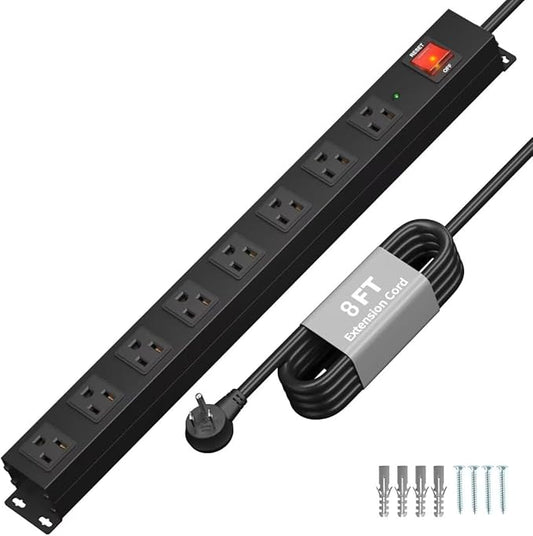 KF 8 Outlet Heavy Duty Power Strip Surge Protector, 2100J Surge Protection Black Power Strip, 15A/1875W Mountable Power Strips, 14AWG 6FT Extension Cord, Black(8FT-2100J)-DeskLoop Office