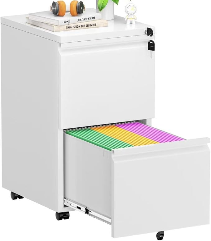Superday 2 Drawer File Cabinet, Metal Rolling Filing Cabinet with Lock, Small File Cabinets with 2 Drawer, Filing Cabinets for Home Office Fit A4/Letter/Legal, Easy Assemble, White-DeskLoop Office
