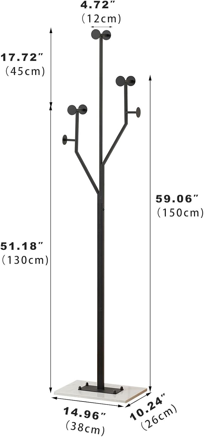 Heavy Duty Coat Rack Tree-shaped Metal Freestanding Coat Tree with Sturdy Marble Base Corner Coat Rack for Bedroom Entryway Hallway 14.96 x 10.24 x 68.9 Inches (Black)-DeskLoop Office