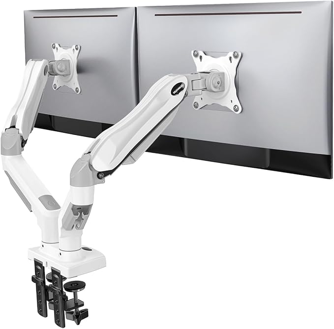 HUANUO Dual Monitor Stand - Full Adjustable Monitor Desk Mount Swivel Vesa Bracket with C Clamp, Grommet Mounting Base for 13 to 32 Inch Computer Screens - Each Arm Holds 4.4 to 19.8lbs - White-DeskLoop Office