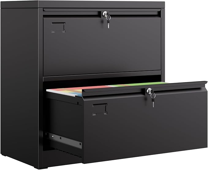 Metal 2 Drawer Lateral File Cabinet with 2 Lock - Wide Filing Cabinet for Letter/Legal/F4/A4 Hanging Files - Includes Business Card Holder,Home Office School Storage,Black-DeskLoop Office