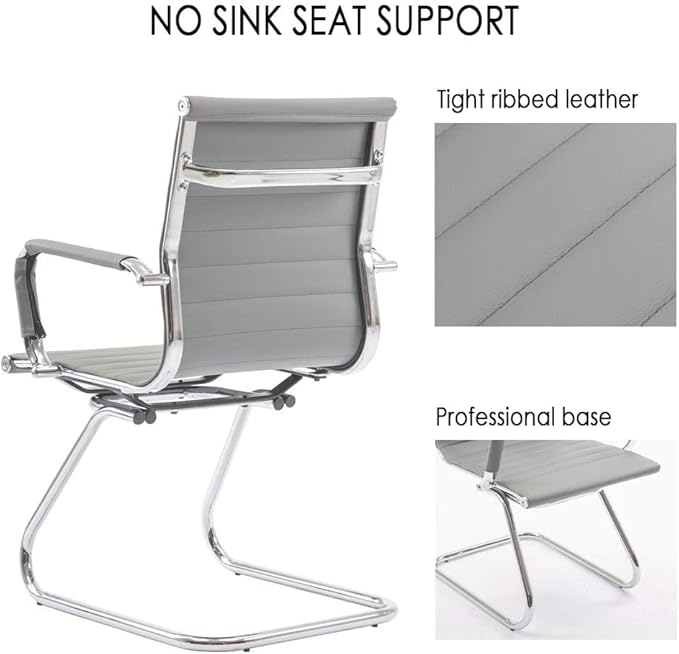 Office Desk Chair Set of 8,No Wheels PU Leather Computer Chairs Mid Back Guest Chairs with Seld Base for School/Reception/Conference/Waiting Room,Grey-DeskLoop Office