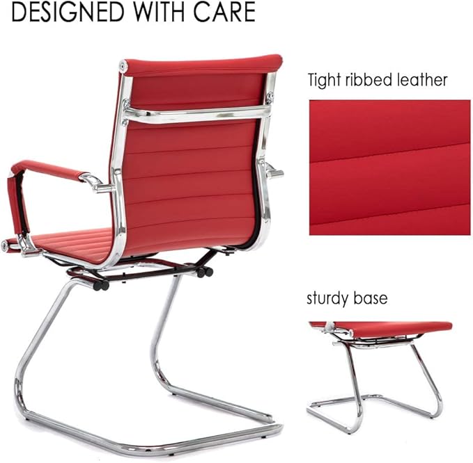 Office Desk Chair Set of 4,No Wheels PU Leather Computer Chairs Mid Back Guest Chairs with Seld Base for School/Reception/Conference/Waiting Room, Burgundy Red-DeskLoop Office