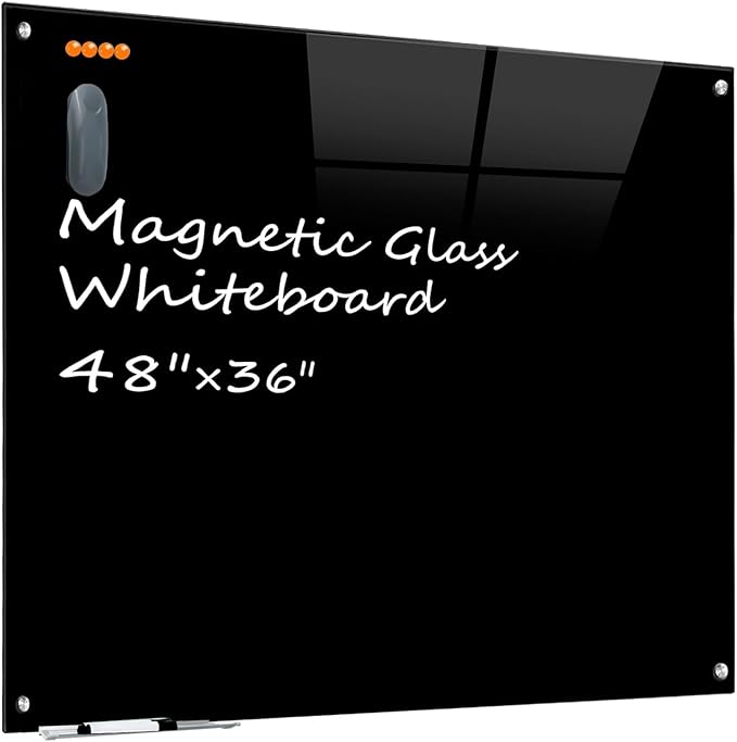 KIZZBY Black Glass Dry Erase Board - Magnetic Blackboard for Wall, 48"x36" Large Frameless Black Whiteboard for Office, Home & School-DeskLoop Office