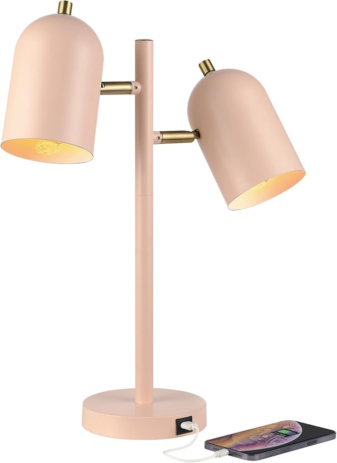 Globe Electric 30290 19" 2-Light Desk Lamp, Matte Pink, Brass Accents, 2.1A USB by GlobeElectric