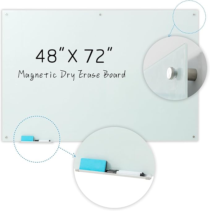 Glass Magnetic White Board – 72 x 48 Inches Dry Erase Frameless Whiteboard for Wall, Large Writing Board Wall Mounted Glass Board for Display, School and Business Office-DeskLoop Office