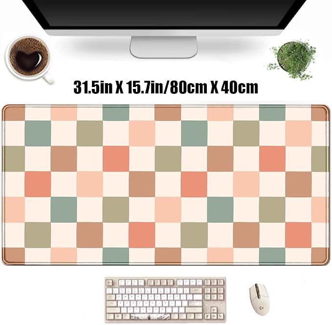 Boho Checkered Desk Mat, Retro Beige Plaid Mouse Pad Xl-31.5x15.7in-Pastel Desk - Image 3