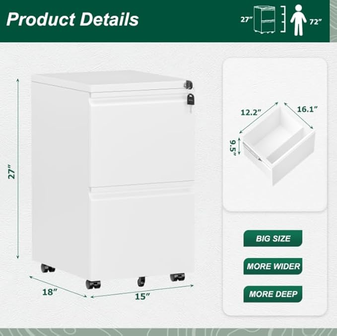 Superday 2 Drawer File Cabinet, Metal Rolling Filing Cabinet with Lock, Small File Cabinets with 2 Drawer, Filing Cabinets for Home Office Fit A4/Letter/Legal, Easy Assemble, White-DeskLoop Office
